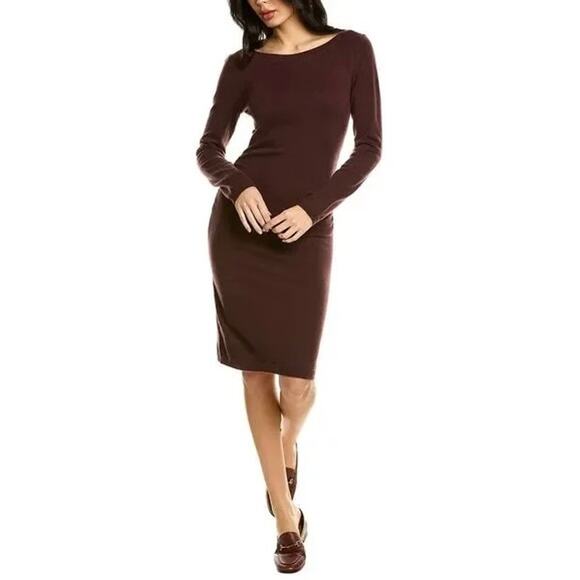 NWT Theory Boatneck Merlot 100% Cashmere Sweater Dress Sz Large Long Sleeve Midi - Picture 1 of 14